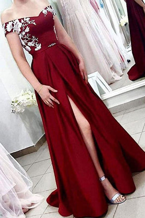 A Line Off the Shoulder Short Sleeves Burgundy Satin Prom Dress With Split INQ64