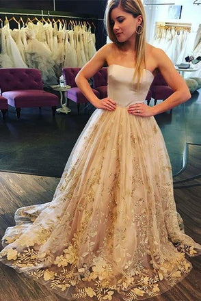 Strapless Sweep Train A Line Long Prom Dress With Floral Appliques INA95