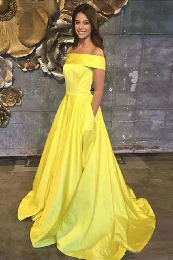 Yellow Off The Shoulder A Line Prom Dress,Long Evening Gown With Pockets INJ67
