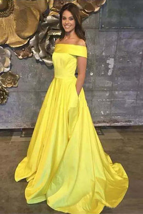 Yellow Off The Shoulder A Line Prom Dress,Long Evening Gown With Pockets INJ67