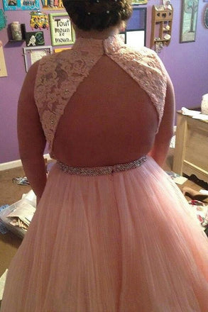 Pink Tulle High Neck Long Beading Plus Size Prom Dress With Lace Top IN660