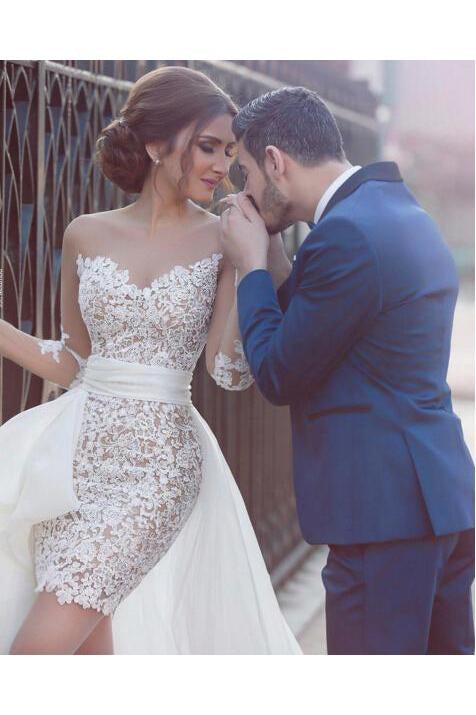 Luxurious Sheath Sweetheart Tulle Lace High Low Wedding Dresses IN854