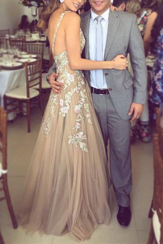 Charming A-Line Deep V-Neck Tulle Prom Dress with Appliques IN602