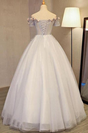 Grey Long Applique Off the Shoulder Tulle A-Line Prom Dress IN875