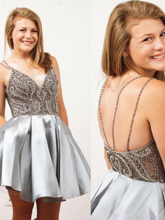 Spaghetti Straps Short Silver Beads A Line Backless Sexy Homecoming Dresses IN380