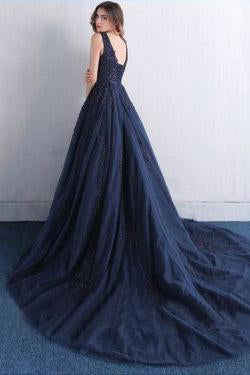Dark Blue V Neck A Line Appliques Tulle Long Prom Dress IN820