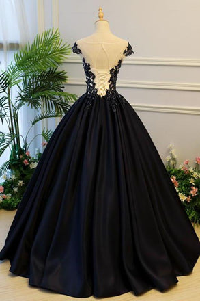 Generous Puffy A-Line Cap Sleeves Lace-up Black Satin Long Prom Dress with Appliques IN782