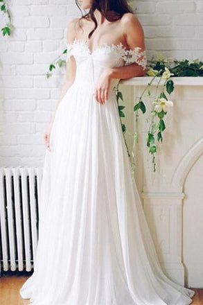Popular Off the Shoulder Long A-line Ivory Chiffon Sexy Beach Wedding Dresses IN796