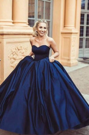 Simple Ball Gown Sweetheart Sleeveless Dark Blue Long Prom Dresses INH11