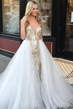 A-Line Spaghetti Straps Floor Length White Detachable Train Prom Dress with Appliques INQ65