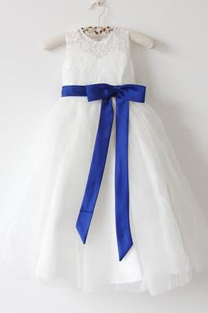 Light Ivory Lace Tulle Flower Girl Dress With Royal Blue Sash/Bows Sleeveless Floor-length IN215