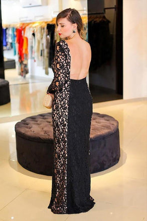 Black Lace Bateau Sheath Long Backless Plus Size Prom Dress IN661