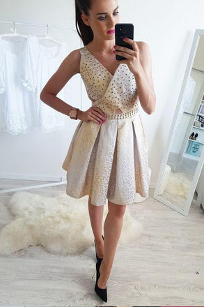A-Line V-Neck Mini Cheap Homecoming Dress with Beading,Sweet 16 Dresses INB83