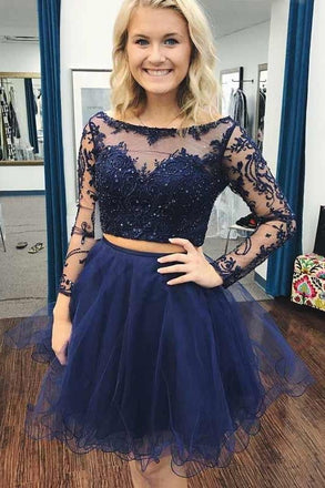 Two Piece Bateau Long Sleeves Dark Blue A Line Tulle Homecoming Dress INB79