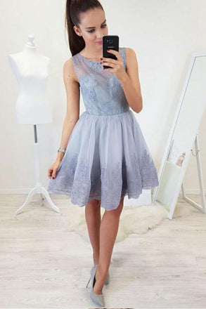 A-Line Round Neck Open Back Short Blue Homecoming Dress with Lace Appliques INB82