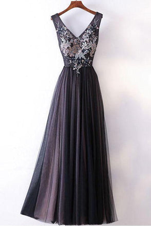 Elegant A-line V-neck Lace Appliqued Lace Up Long Prom Dresses Evening Gowns INA84