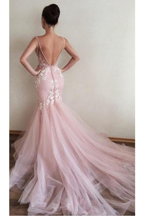 Sexy Appliques V-Neck Mermaid Long Formal Pink Tulle Prom Gown IN845