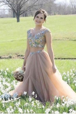 Two Piece V-neck Floor-length Rhinestone A Line Sexy Prom Dress INF17