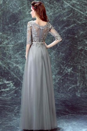 Grey Floor-length Half Sleeve Tulle Long Prom Dress,A line Evening Dress IN882