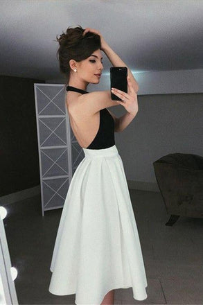 Simple A-Line Halter Backless Tea-Length Ivory and Black Homecoming Dresses INC45