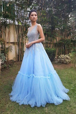Sky Blue A Line Tulle V Neck Long Prom Gown,Sweet 16 Dress INB25