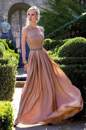 Coral Long Chiffon Lace Floor-length Round Prom Dresses With Beads IN783