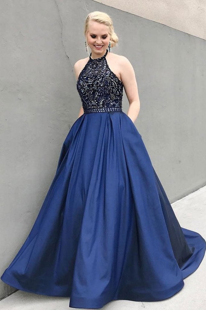 Charming Prom Dresses,Beaded Prom Gown,Blue Prom Dress,Long Prom Dress