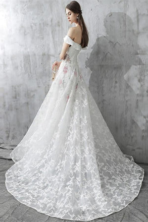 Princess White Off the Shoulder Lace A Line Wedding Dress IN637