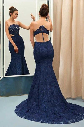 Unique Navy Blue Lace See-through Round Neck Mermaid Floor-length Prom Dress IN986
