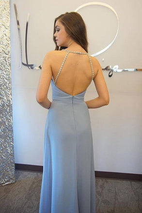 Sexy Blue Open Back Chiffon Long Prom Dress,Simple Sleeveless Evening Dress IN684