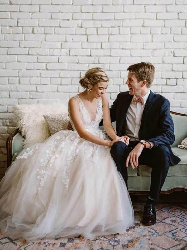 Simple Lace Applique A Line V Neck Tulle Beach Wedding Dress INF86