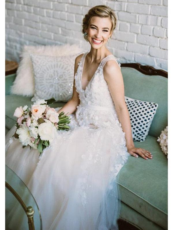 Simple Lace Applique A Line V Neck Tulle Beach Wedding Dress INF86