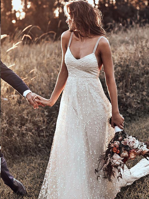 Backless Straps Long A-line Lace Simple Bridal Gown Wedding Dresses INM79
