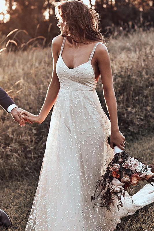 Backless Straps Long A-line Lace Simple Bridal Gown Wedding Dresses INM79