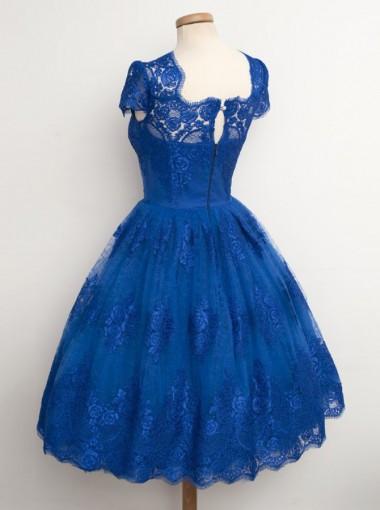Vintage Scalloped-Edge Cap Sleeves Lace Blue Short Prom Cocktail Party Dresses IN327