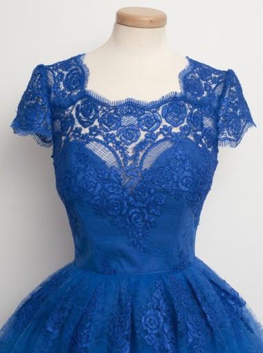 Vintage Scalloped-Edge Cap Sleeves Lace Blue Short Prom Cocktail Party Dresses IN327
