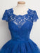 Vintage Scalloped-Edge Cap Sleeves Lace Blue Short Prom Cocktail Party Dresses IN327