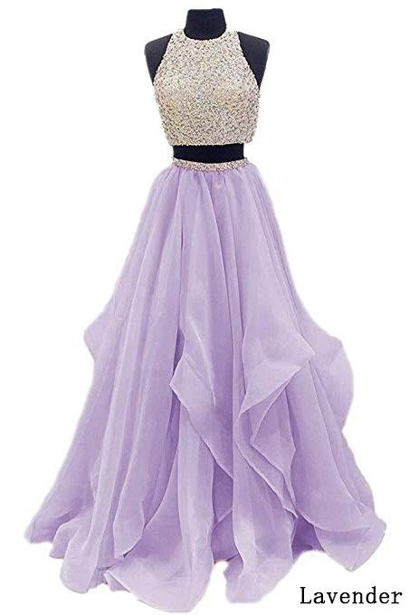 Light purple two cheap piece prom dress