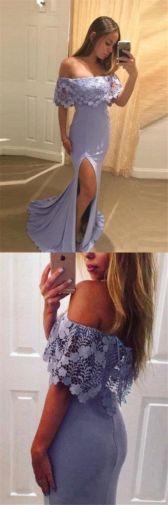 Pretty Lavender Off Shoulder With Lace Split Mermaid Prom Dresses INF15