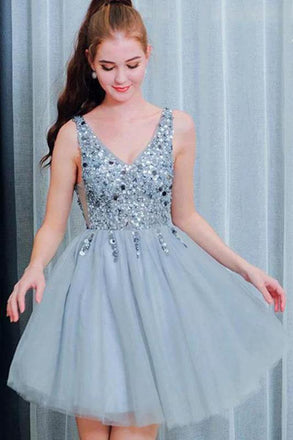 Bling A Line V Neck Light Blue Short Homecoming Dresses With Beading INO42