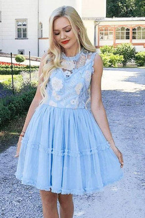 Elegant Jewel Short Cheap Light Blue Tulle Homecoming Party Dresses with Lace INO50