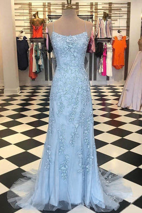 Blue Lace Applique Mermaid Sexy Cheap Long Prom Dress INE39
