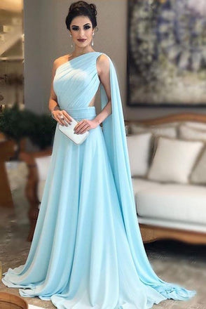 Light Blue One Shoulder Chiffon Formal Prom Gown, Simple Bridesmaid Dresses INI35