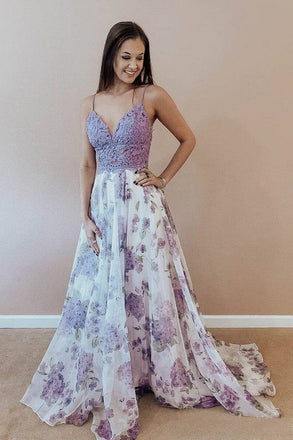 Lilac A Line Floral Boho Prom Dresses For Teens Spaghetti Strap Junior Prom Dress INI4