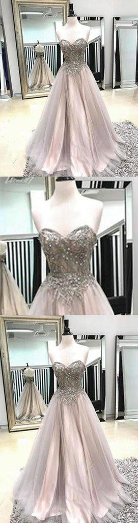 A Line Long Spaghetti Straps Sweetheart Beading Tulle Prom Dress INB93