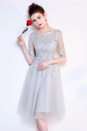 A-line Gray Half Sleeves Knee Length Tulle Lace Homecoming Dresses INA72