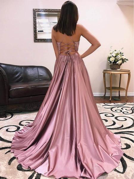 Cheap Simple Spaghetti Strap Long Prom Dresses Side Slit INH47