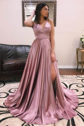 Cheap Simple Spaghetti Strap Long Prom Dresses Side Slit INH47