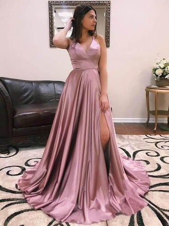 Cheap Simple Spaghetti Strap Long Prom Dresses Side Slit INH47