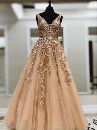 A Line V Neck Long Lace Applique Prom Dresses Cheap Ball Gown INH44